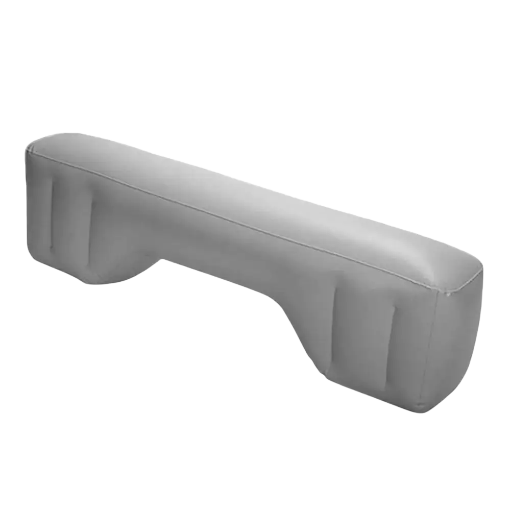 Gray upholstered contoured boat seat cushion with stitched seams for inflatable car air mattress back seat travel bed