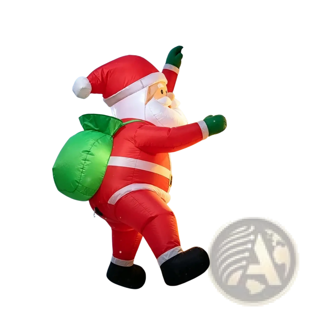Inflatable dabbing santa claus yard decoration in red and white with green sack for outdoor holiday use