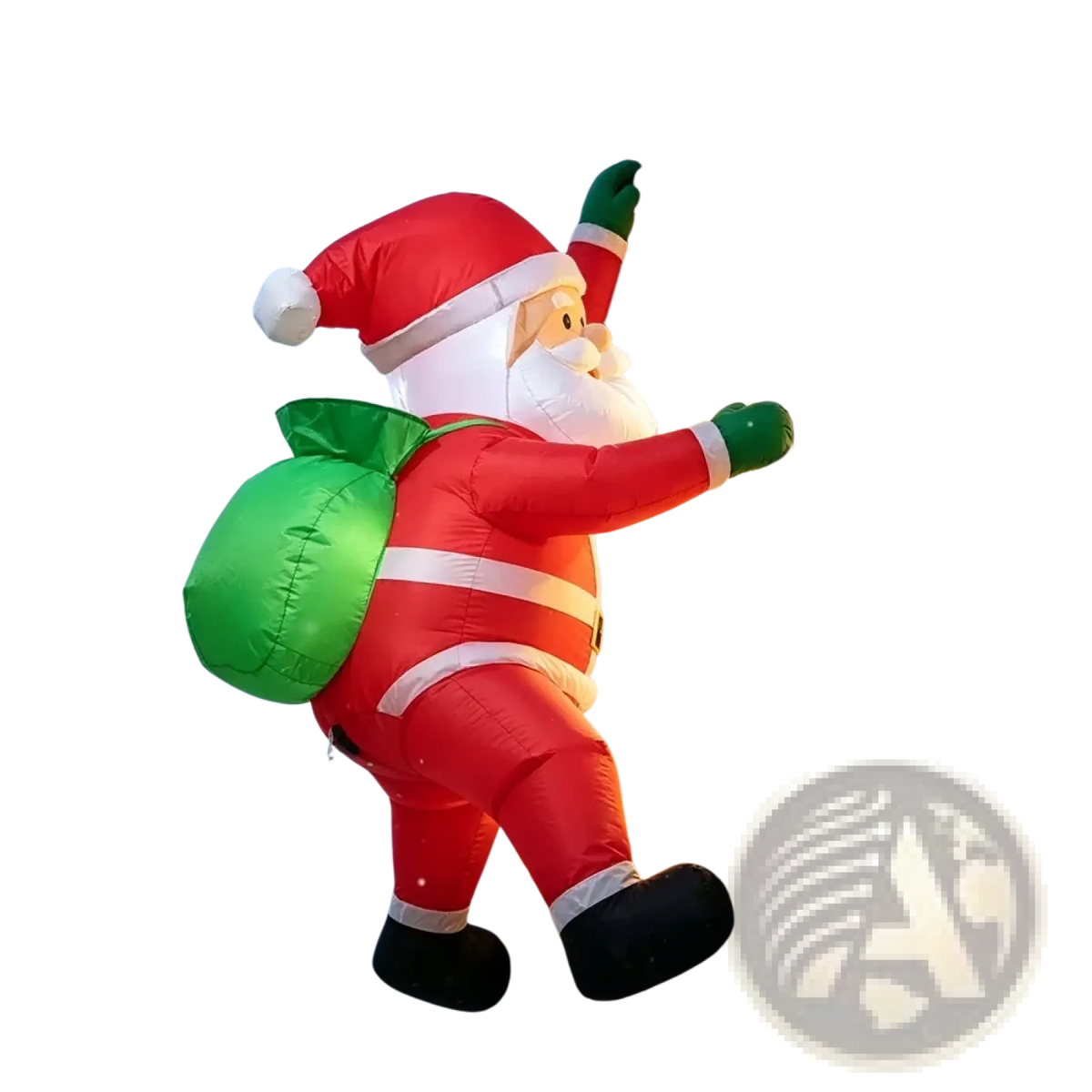 Inflatable dabbing santa claus yard decoration in red and white with green sack for outdoor holiday use