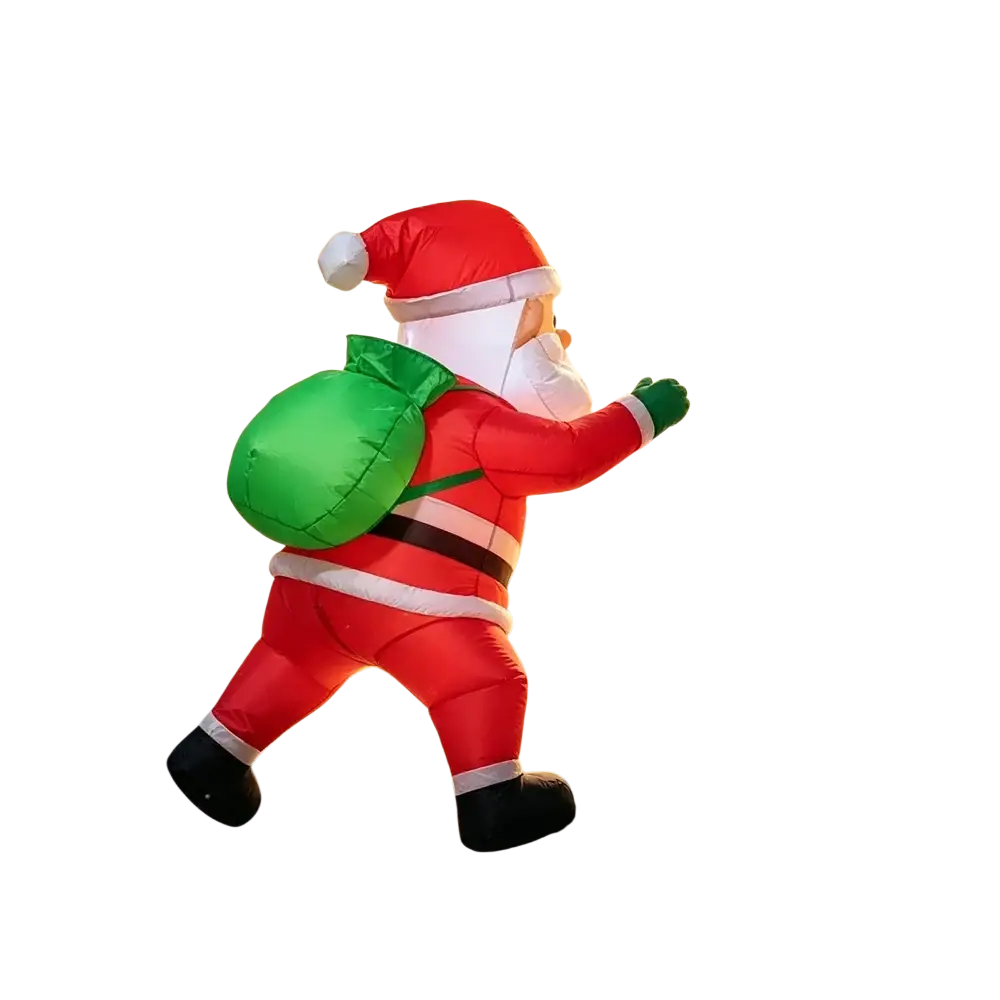 Inflatable dabbing santa claus yard decoration in red suit with white beard and green sack standing on a windowsill