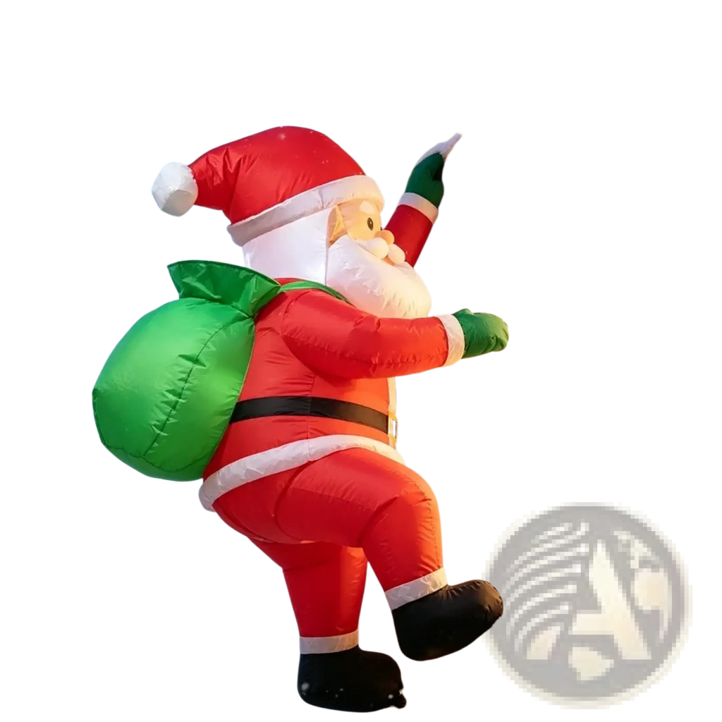 Inflatable dabbing santa claus yard decoration in red white with green sack black boots and gloves