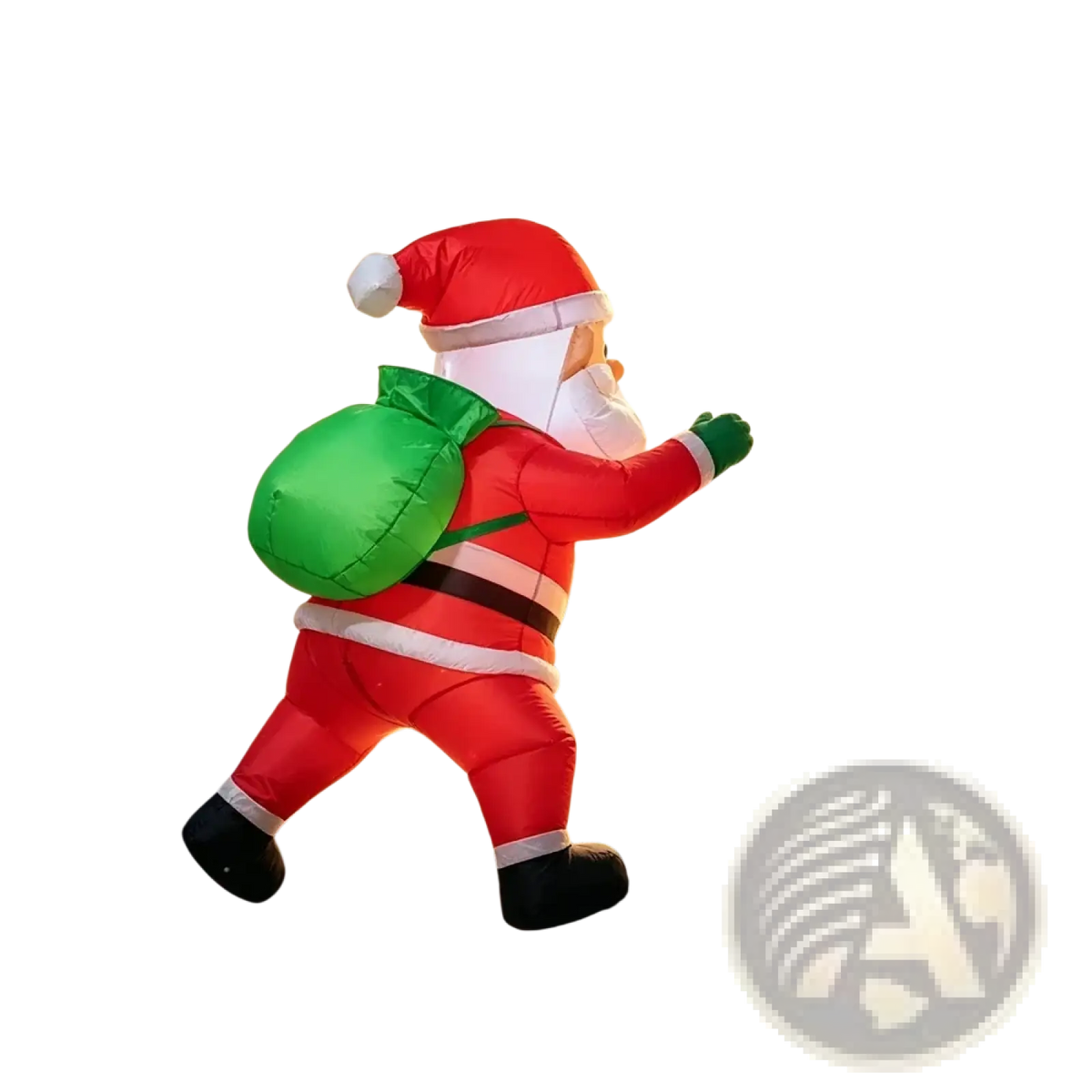 Inflatable dabbing santa claus yard decoration in red suit with white beard and green sack standing on a windowsill