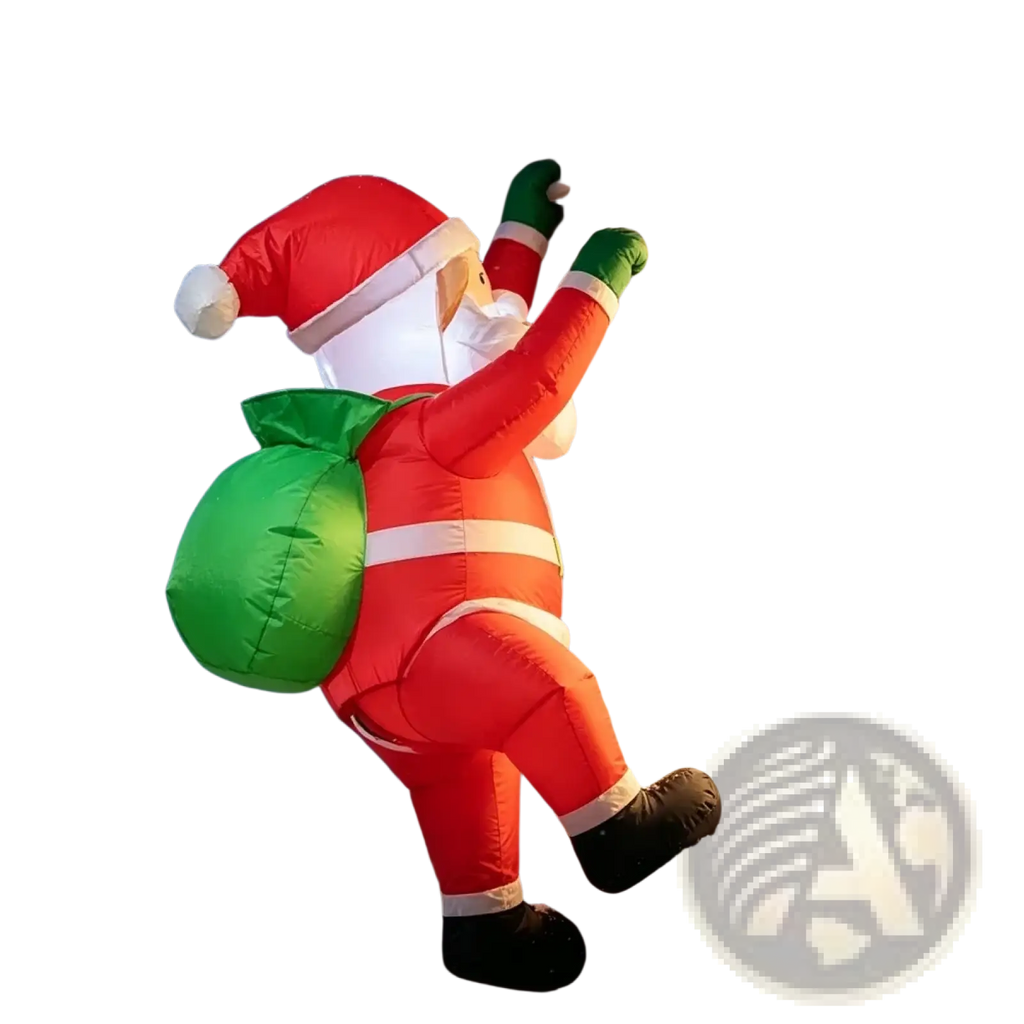 Inflatable dabbing santa claus yard decoration in red suit with white trim green sack and black boots standing outdoors