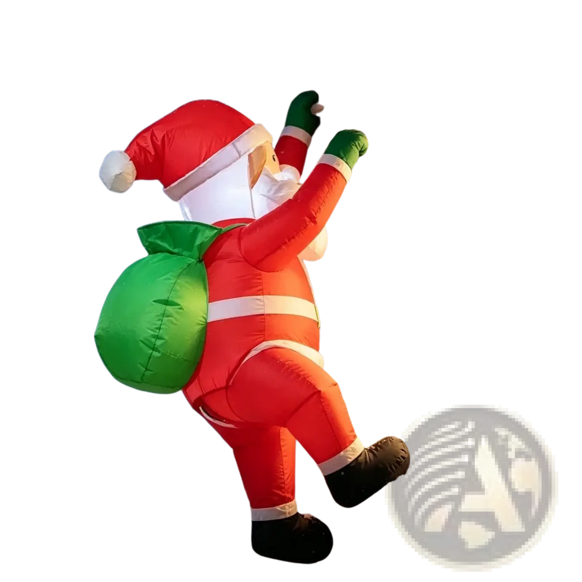 Inflatable dabbing santa claus yard decoration in red suit with white trim green sack and black boots standing outdoors
