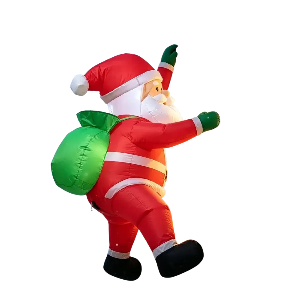 Inflatable dabbing santa claus yard decoration in red and white with green sack for outdoor holiday use