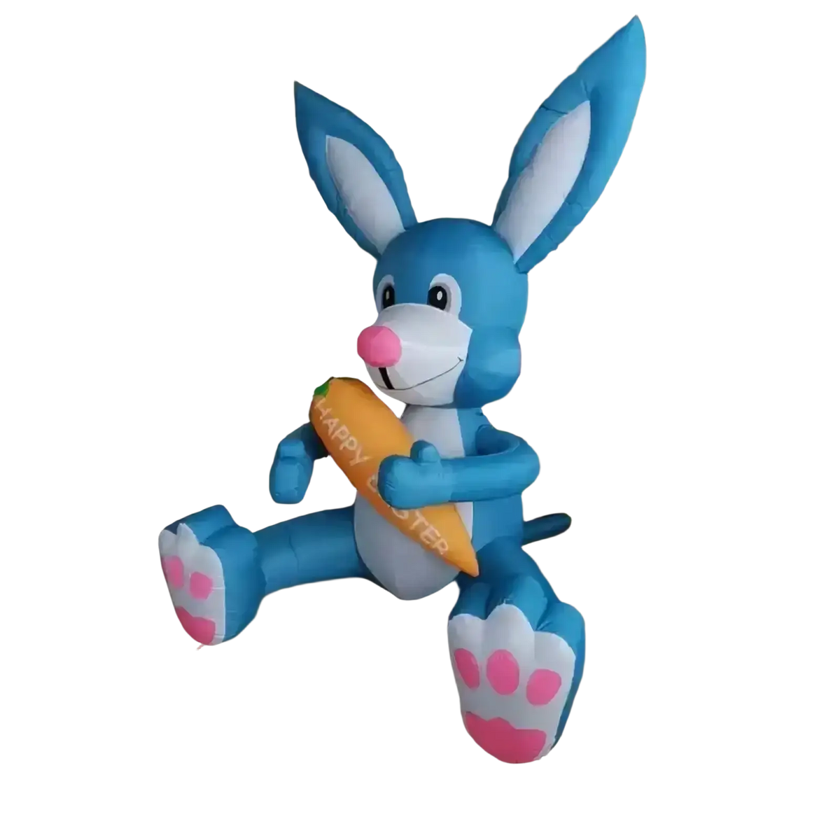 Blue inflatable easter bunny with white inner ears and pink nose holding a carrot reading happy easter party decoration