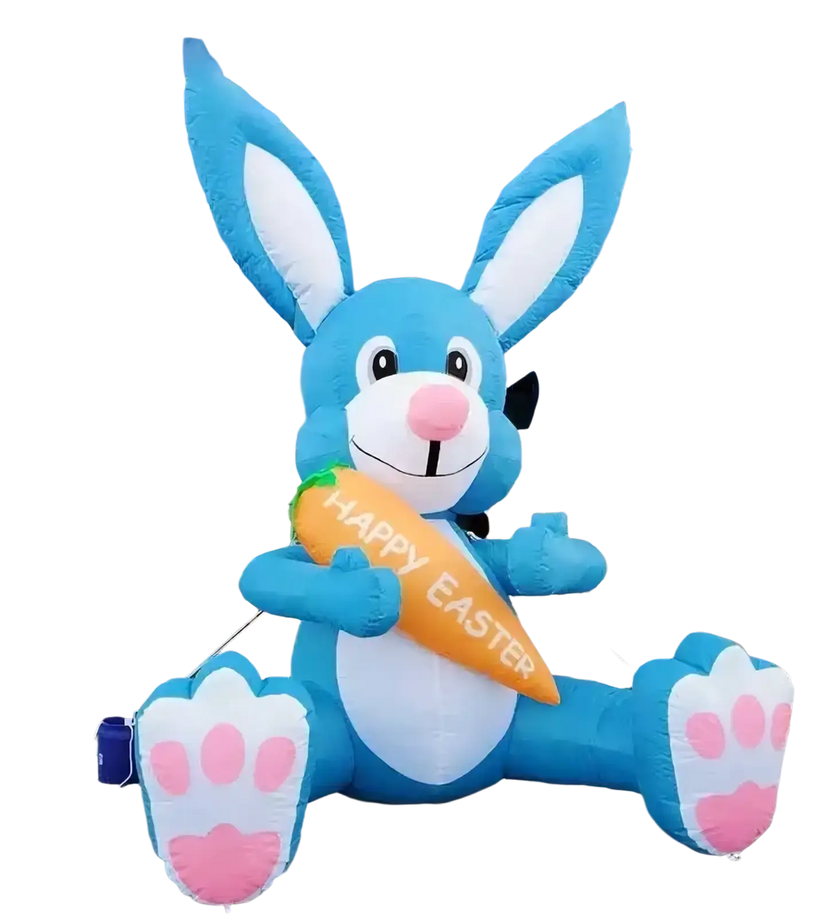 Blue inflatable easter bunny with white inner ears and paws holding an orange carrot saying happy easter party decoration