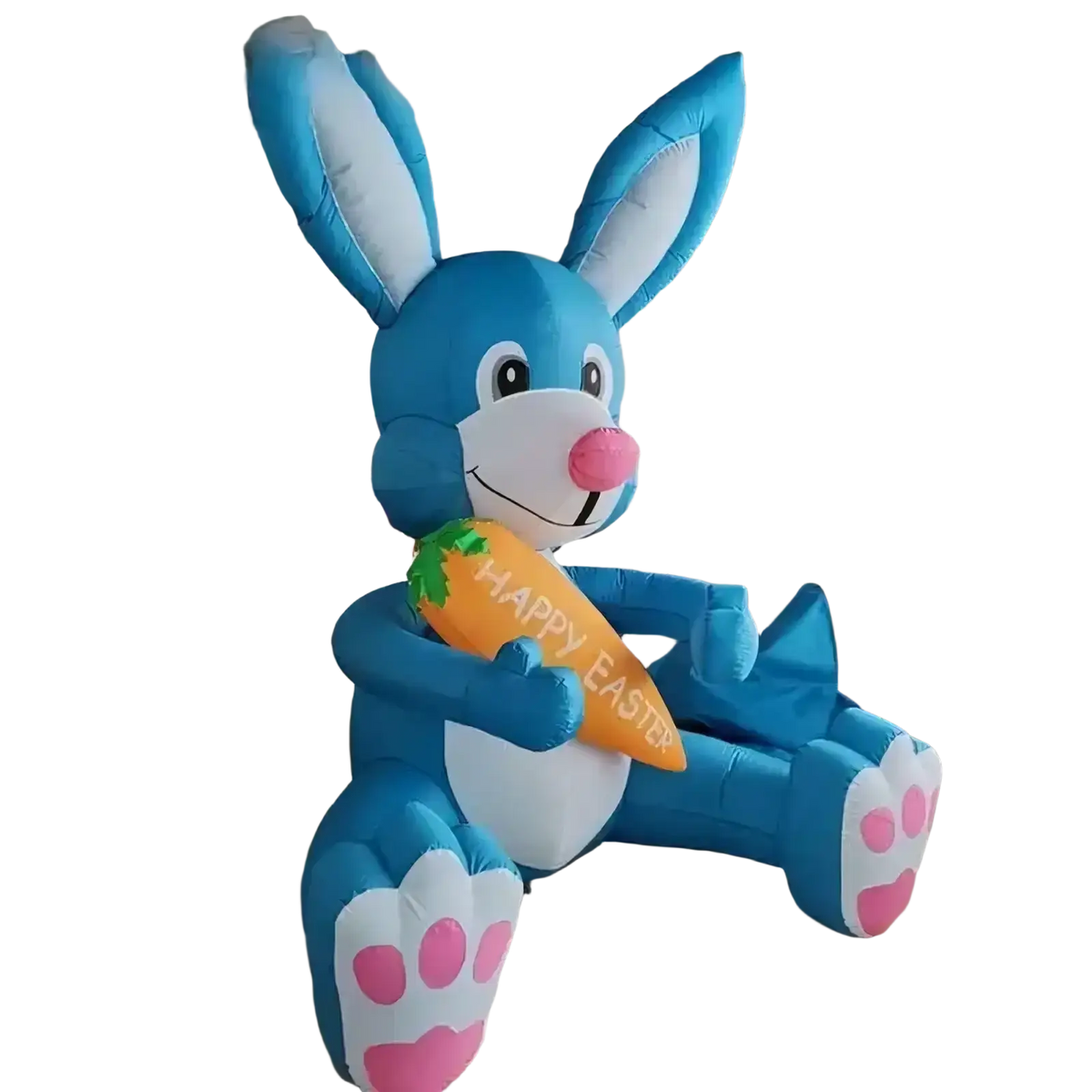 Blue inflatable easter bunny with white inner ears and paws holding an orange carrot reading happy easter party decoration
