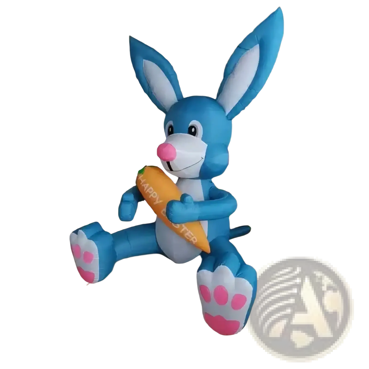 Inflatable Easter bunny party decoration in blue with white ears and pink nose holding an orange happy Easter carrot