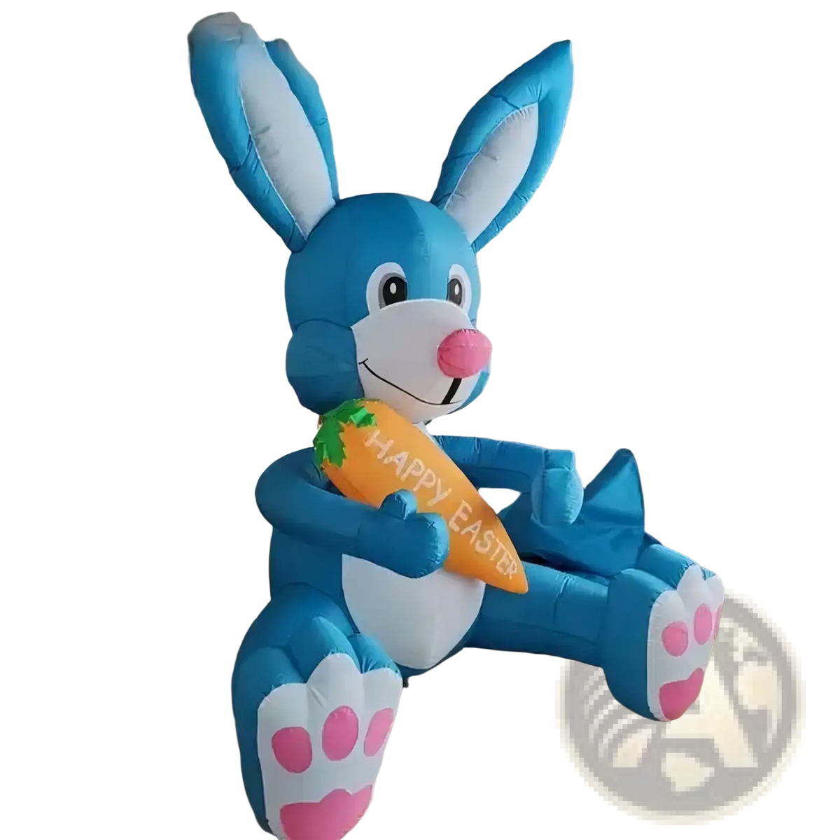 Blue inflatable Easter bunny with white accents and pink nose holding a carrot saying happy Easter party decoration