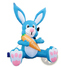 Inflatable Easter bunny party decoration in blue with white inner ears and paws holding an orange happy Easter carrot