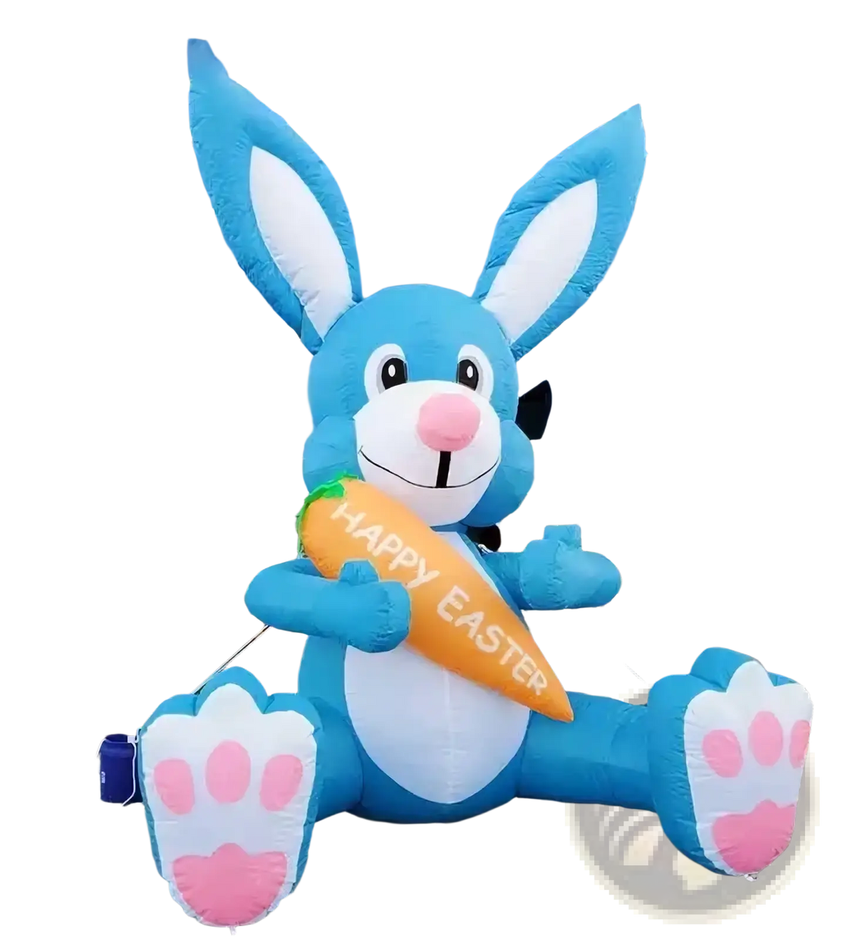 Inflatable Easter bunny party decoration in blue with white inner ears and paws holding an orange happy Easter carrot