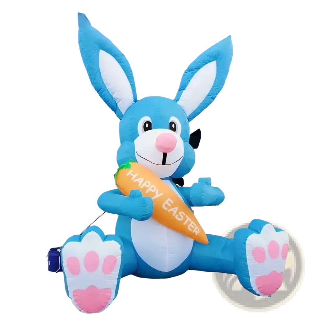 Blue inflatable easter bunny with white inner ears and paws holding an orange carrot reading happy easter party decoration