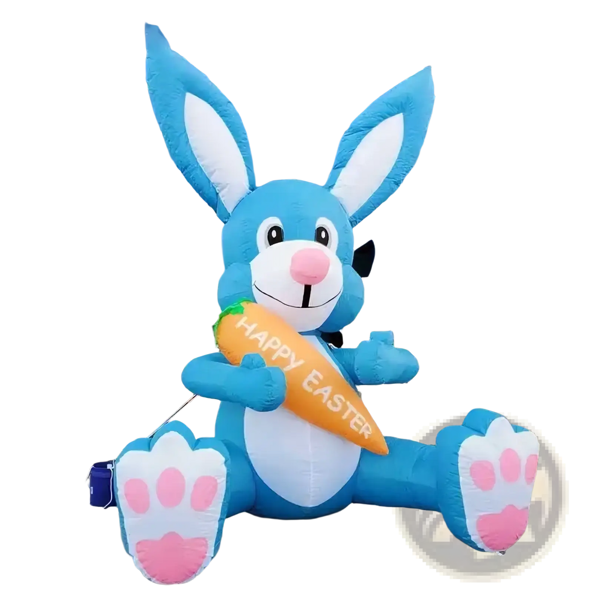 Blue inflatable easter bunny with white inner ears and paws holding an orange carrot reading happy easter party decoration