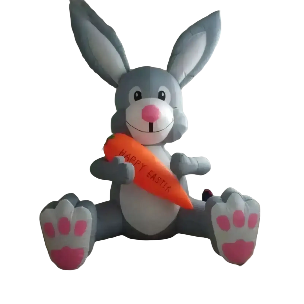 Gray inflatable easter bunny with pink nose and paw pads holding an orange carrot that reads happy easter party decoration