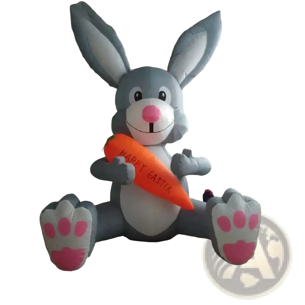 Gray inflatable easter bunny with pink nose and paw pads holding an orange carrot reading happy easter decoration