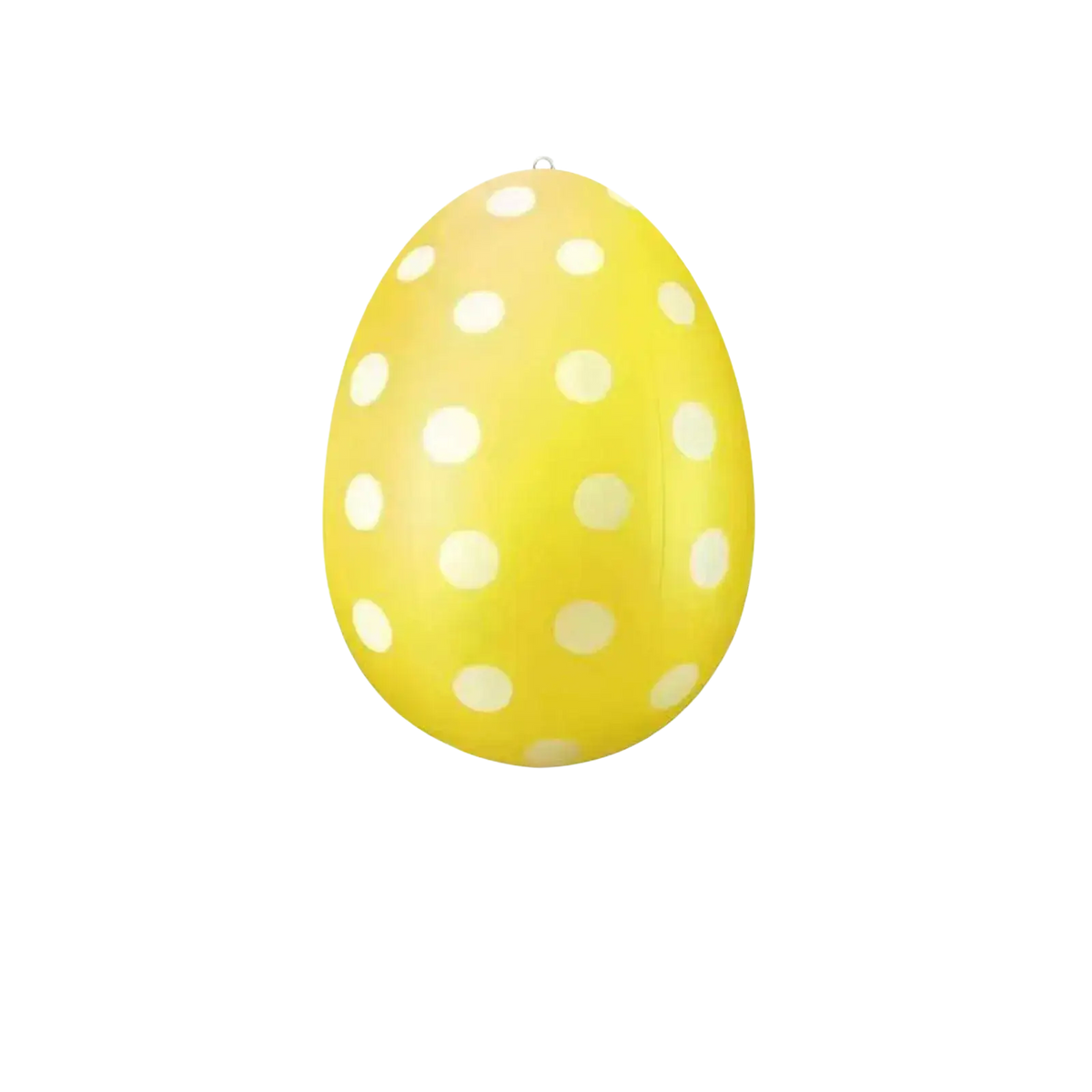 Inflatable Easter egg yard decoration in bright yellow with white polka dots and a metal loop for hanging