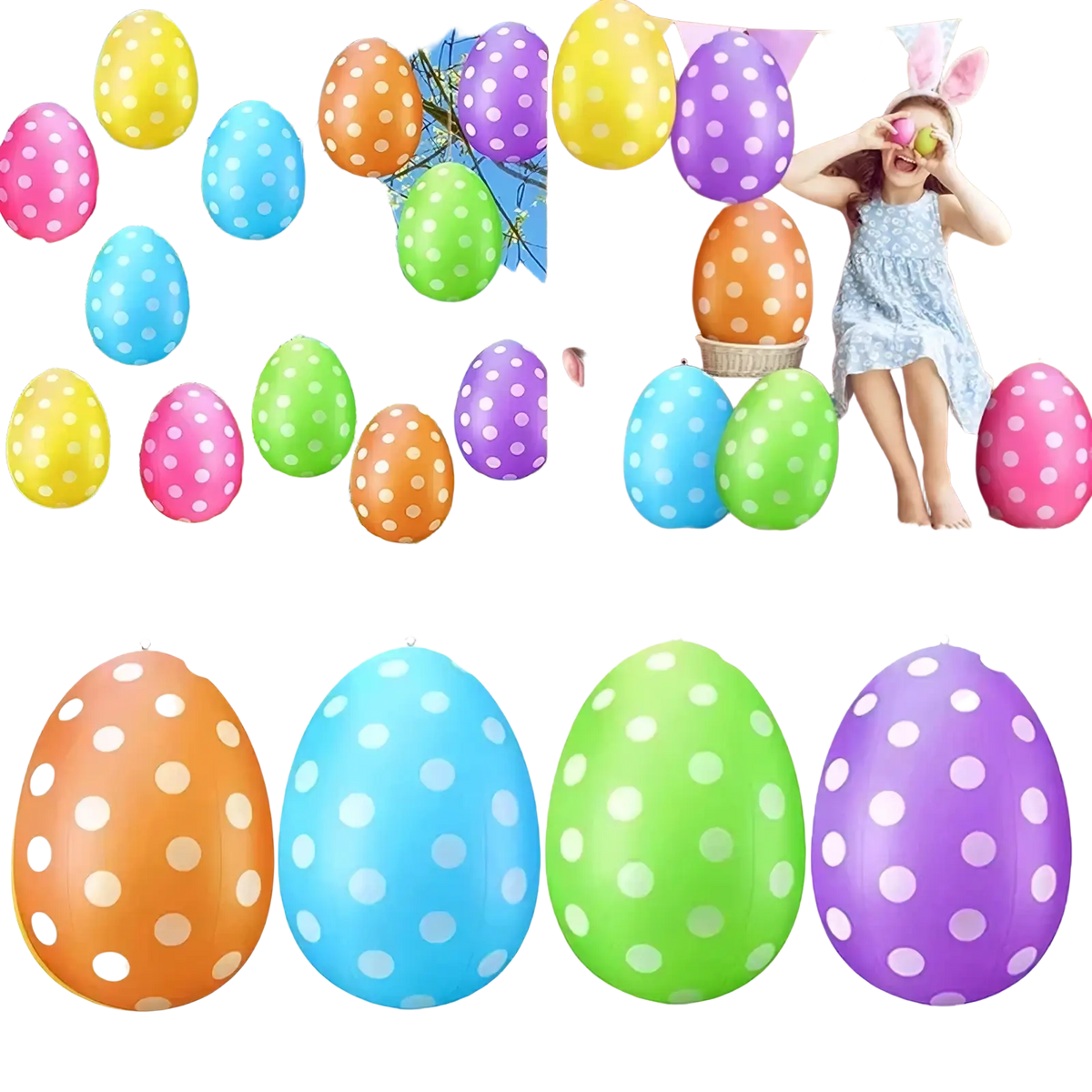 Inflatable easter egg yard decoration featuring colorful polka-dotted balloons in orange blue green and purple
