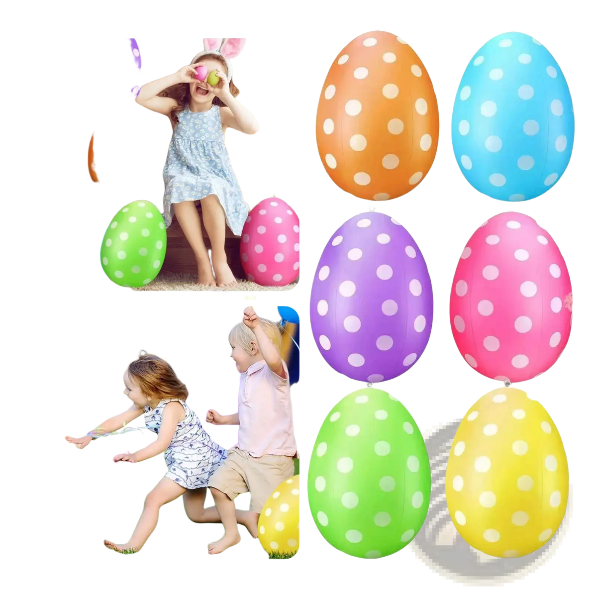 Inflatable easter egg yard decoration featuring colorful polka-dotted eggs in vibrant orange blue purple pink green and yellow