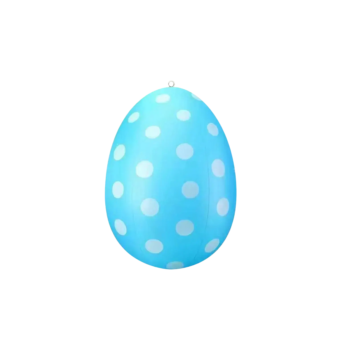 A light blue inflatable easter egg yard decoration with white polka dots and a metal loop at the top