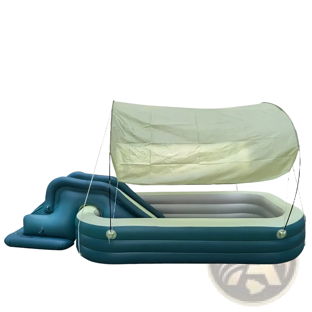 Blue inflatable family pool with beige canopy and slide designed for outdoor recreational use