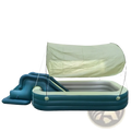 Blue inflatable family pool with beige canopy and slide designed for outdoor recreational use