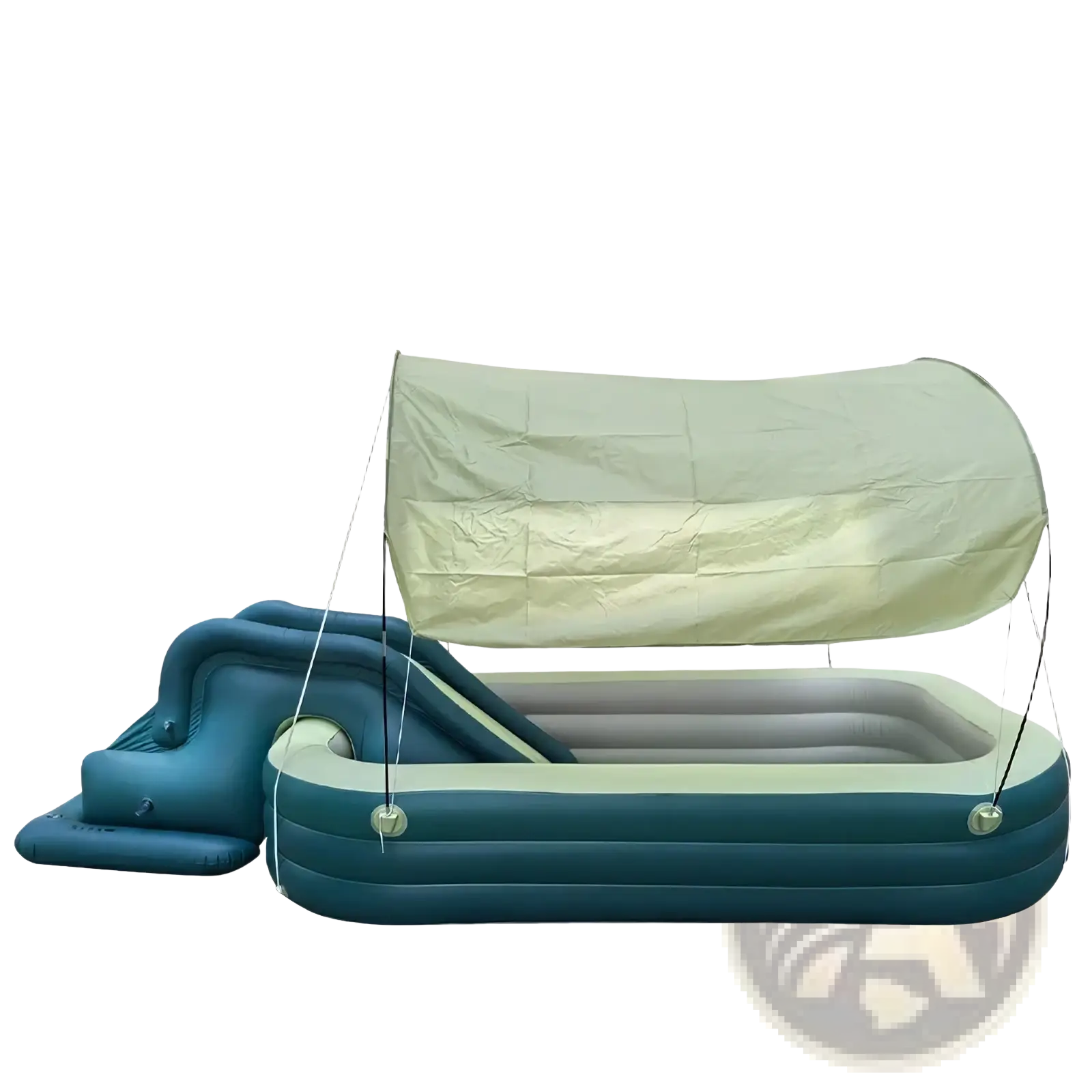 Blue inflatable family pool with beige canopy and slide designed for outdoor recreational use
