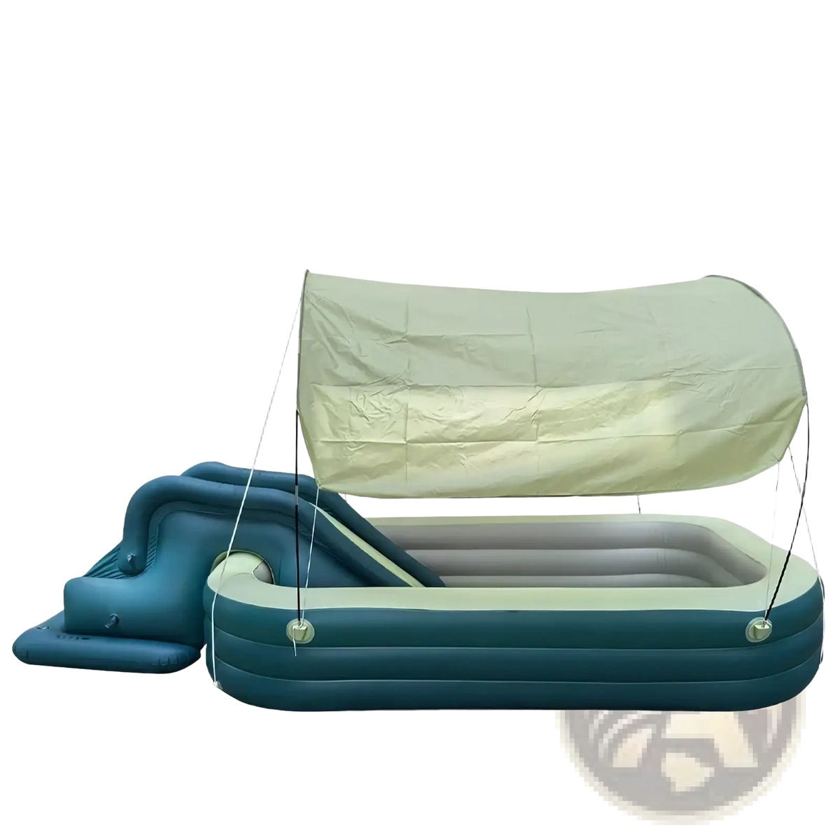 Inflatable family pool in blue with slides and a beige canopy designed for outdoor summer use