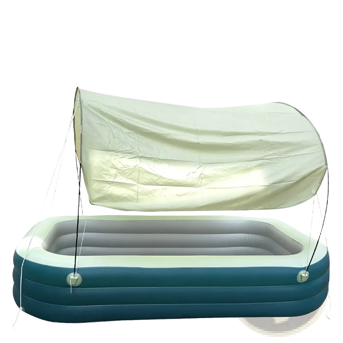 Blue inflatable family pool with beige canopy cover and slide for outdoor water play and sun protection