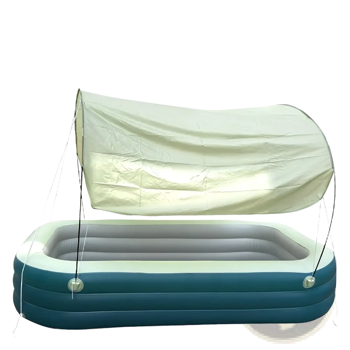 Blue inflatable family pool with beige canopy cover and slide designed for outdoor recreational use