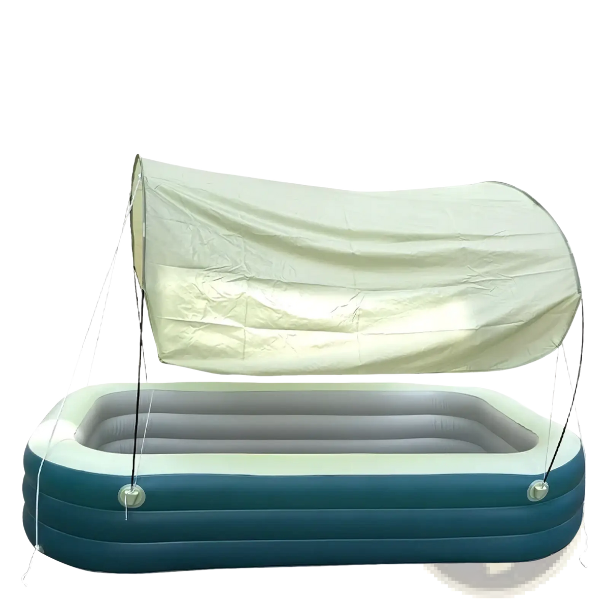 Blue inflatable family pool made of durable material with beige canopy cover and attached slide for outdoor use