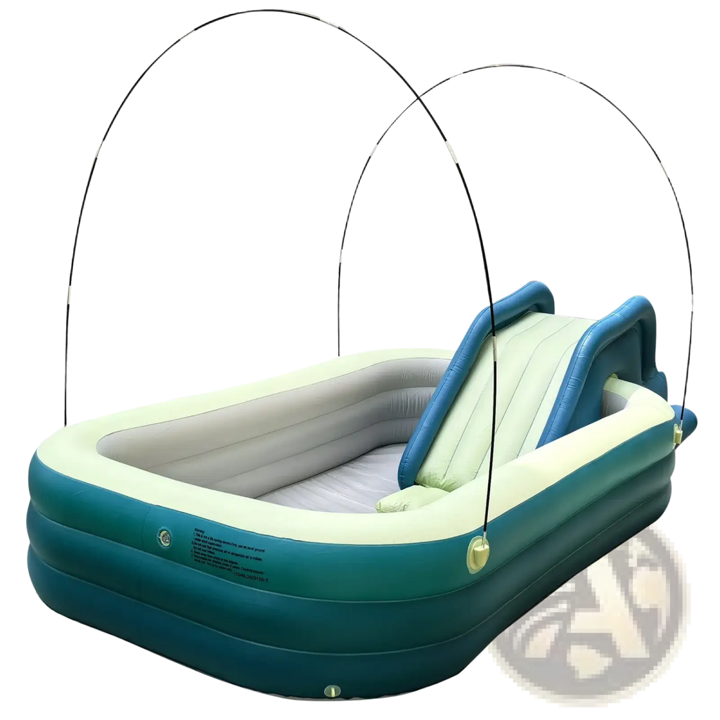Inflatable family pool with a blue and cream slide and an arched canopy frame for outdoor recreational use