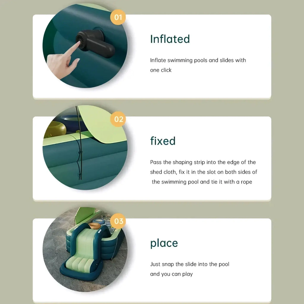 Inflatable family pool with canopy and slide in dark teal and light green made of durable inflatable material