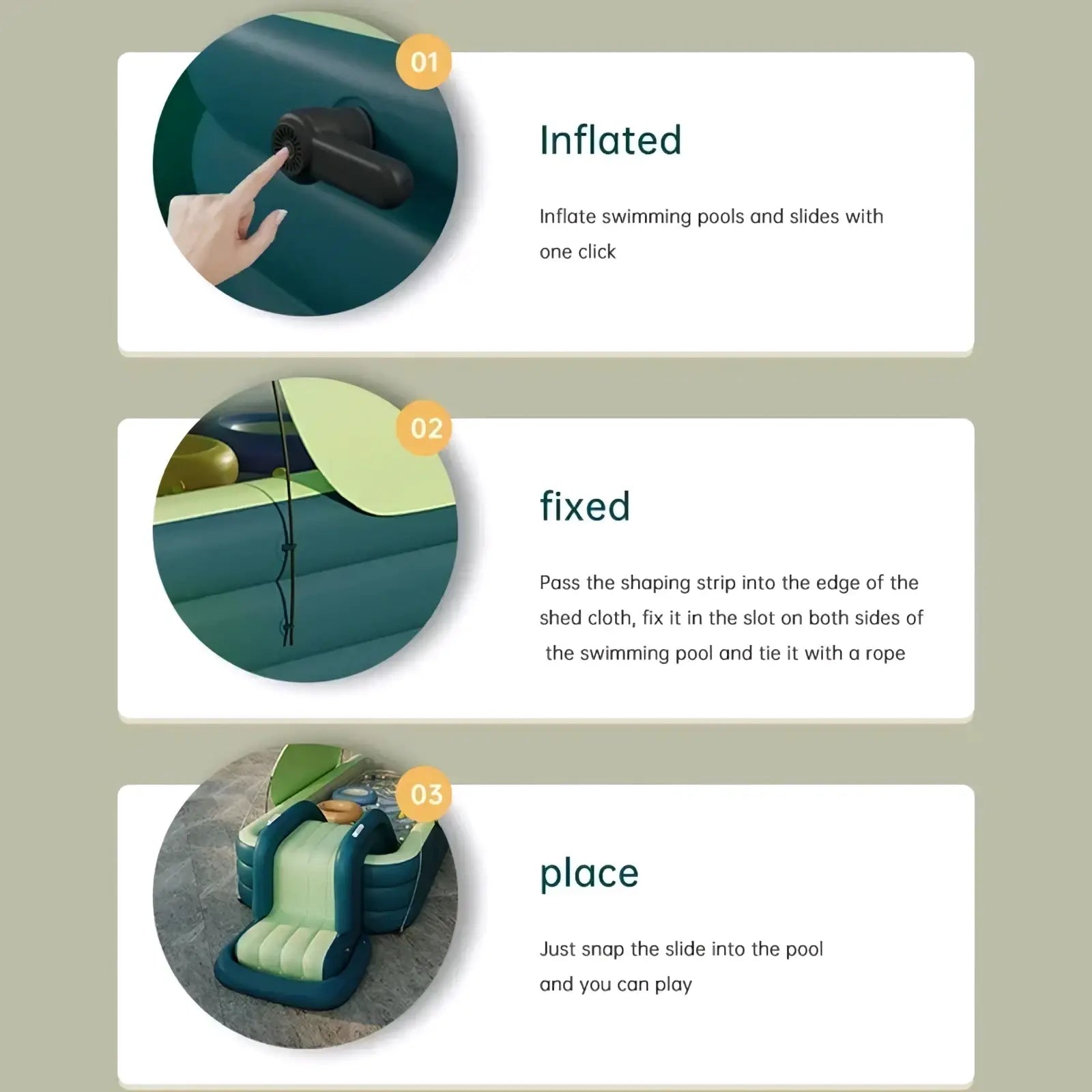 Inflatable family pool with canopy and slide in dark teal and light green made of durable inflatable material