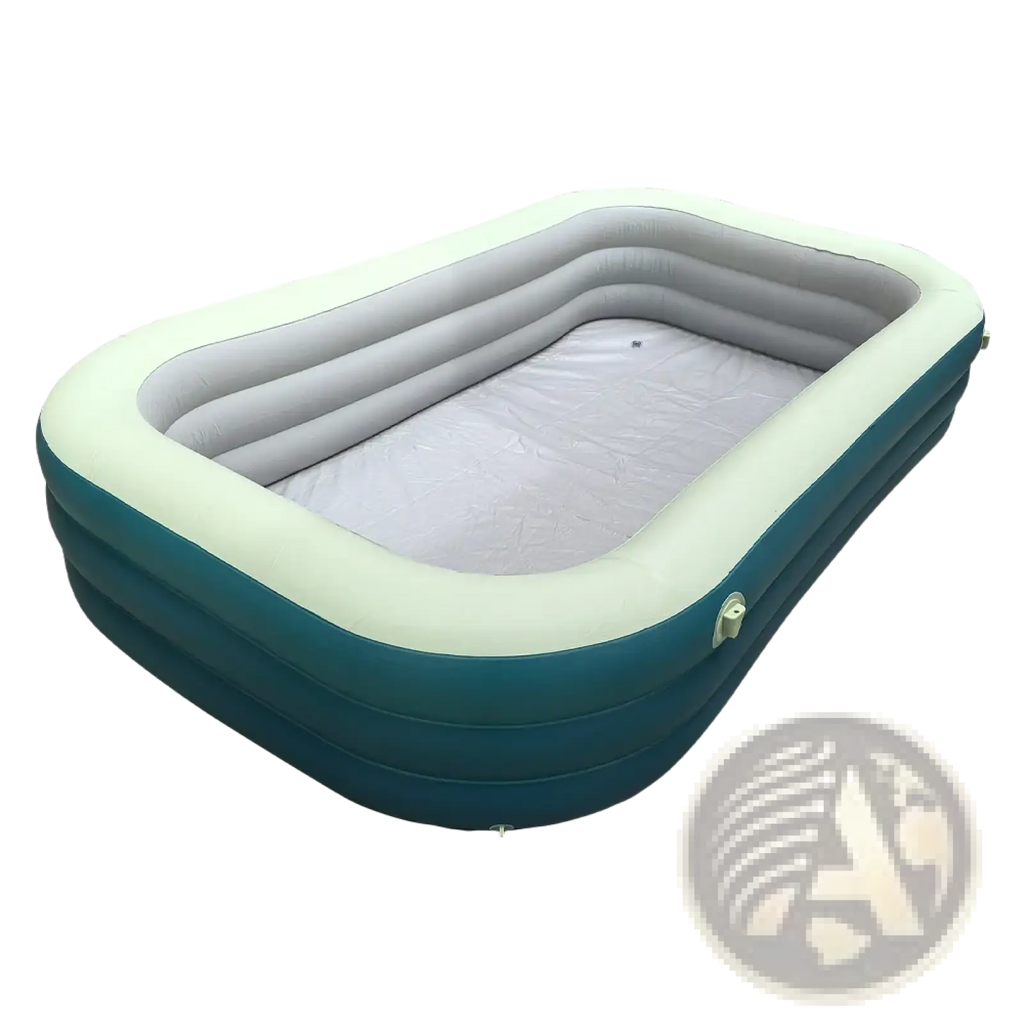 Rectangular inflatable family pool with canopy and slide in teal and off-white featuring three horizontal ridges inside