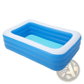 Blue and white inflatable family swimming pool with three horizontal ridges made of pvc for backyard water play