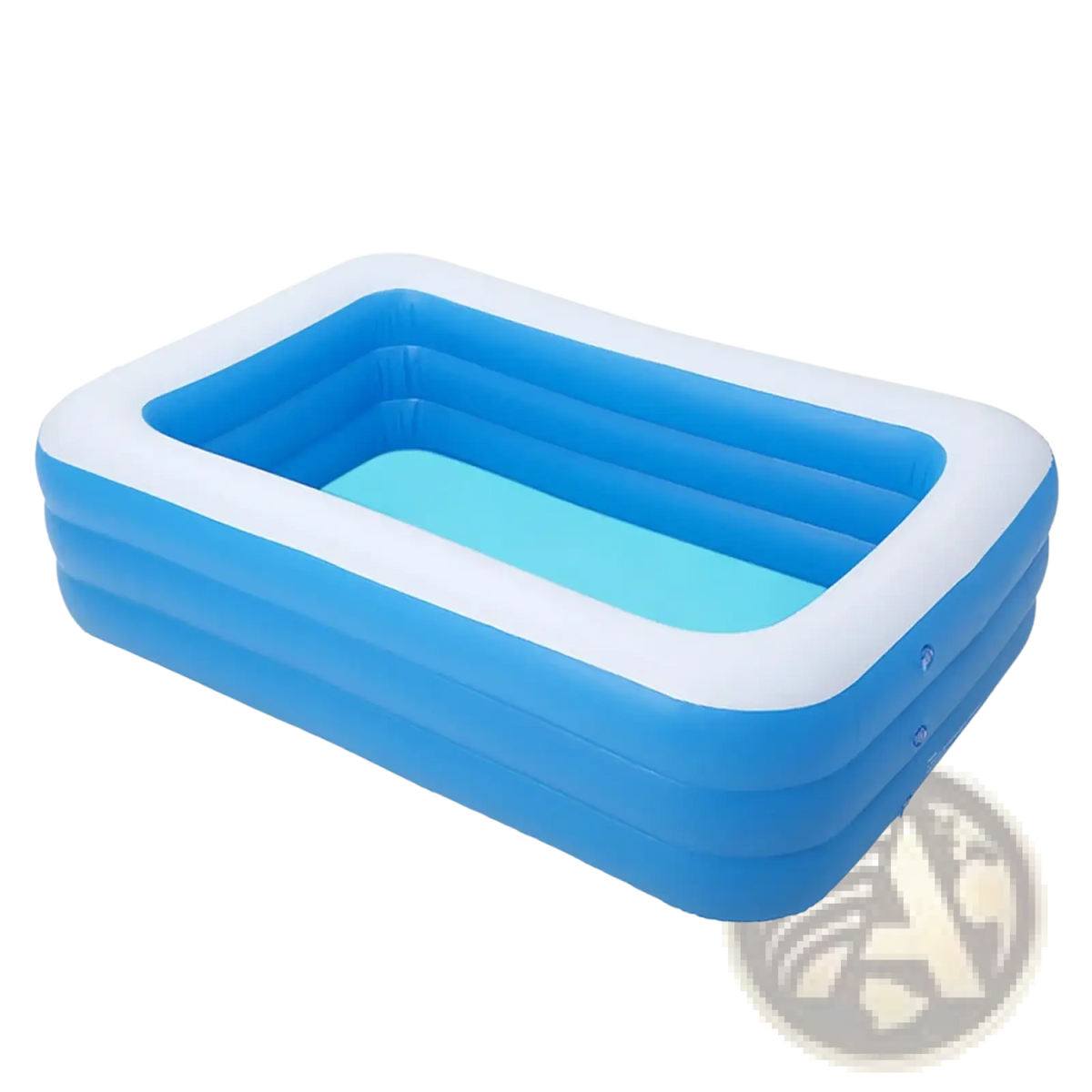 Blue and white inflatable family swimming pool with three horizontal ridges made of pvc for backyard water play