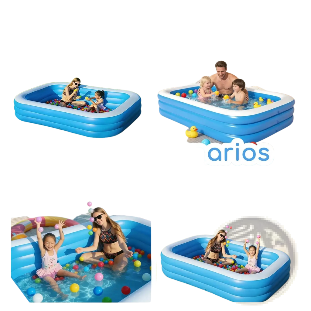 Blue inflatable rectangular family swimming pool with white trim made of pvc for backyard water play