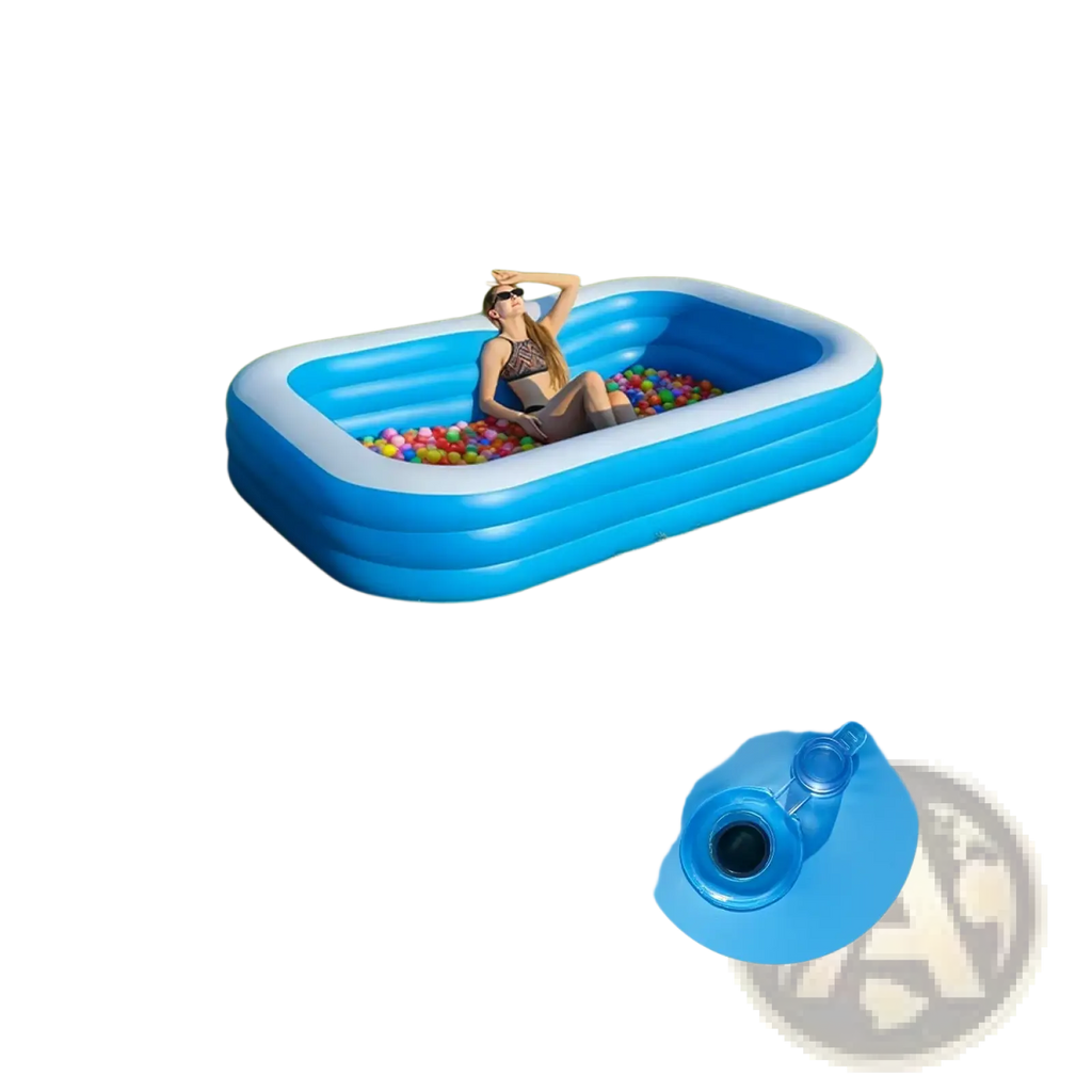Blue inflatable rectangular pvc family swimming pool with colorful balls for backyard water play
