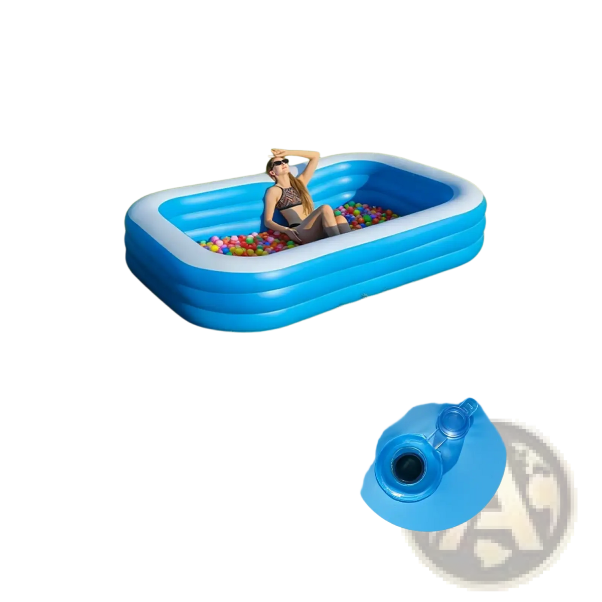 Blue inflatable rectangular pvc family swimming pool with colorful balls for backyard water play