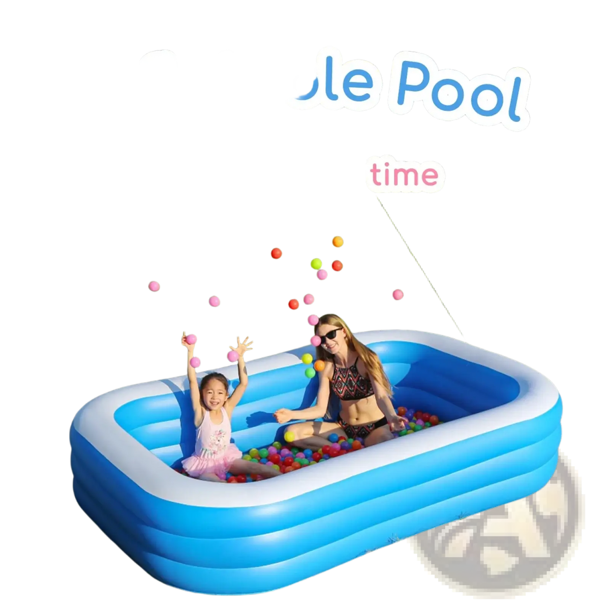 Blue and white inflatable family swimming pool made of pvc filled with colorful balls for backyard water play