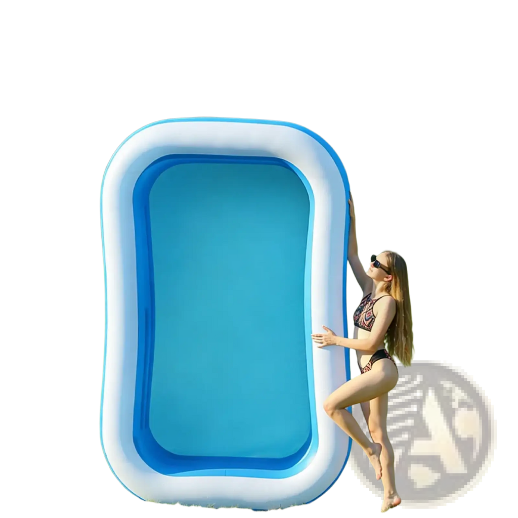 Blue and white inflatable rectangular family swimming pool made of pvc for backyard water play