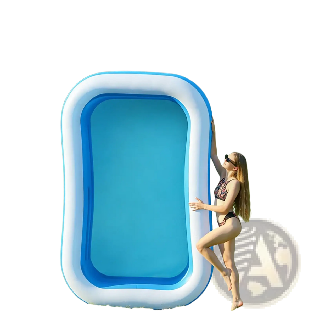 Blue and white inflatable rectangular family swimming pool made of pvc for backyard water play