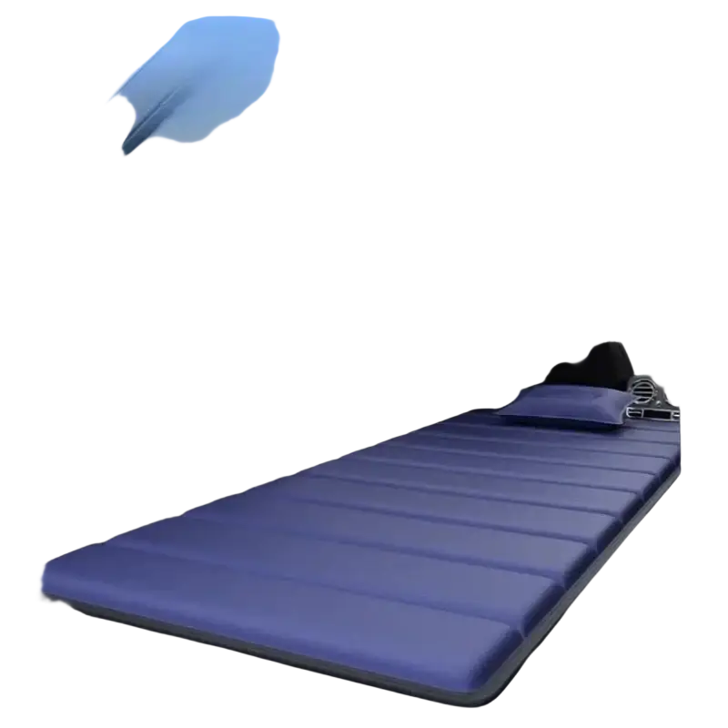 Blue padded inflatable outdoor garden bed with segmented cushioning and pillow designed for comfortable patio lounging selling points