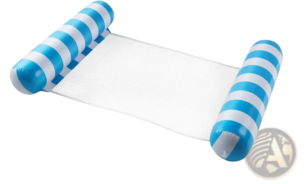 Blue and white striped inflatable pool float mesh water hammock with a mesh center for comfortable water lounging