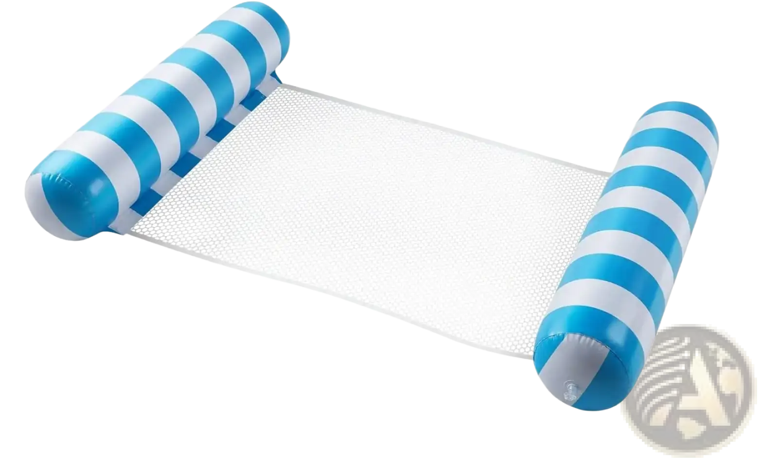 Blue and white striped inflatable pool float mesh water hammock with a mesh center for comfortable water lounging