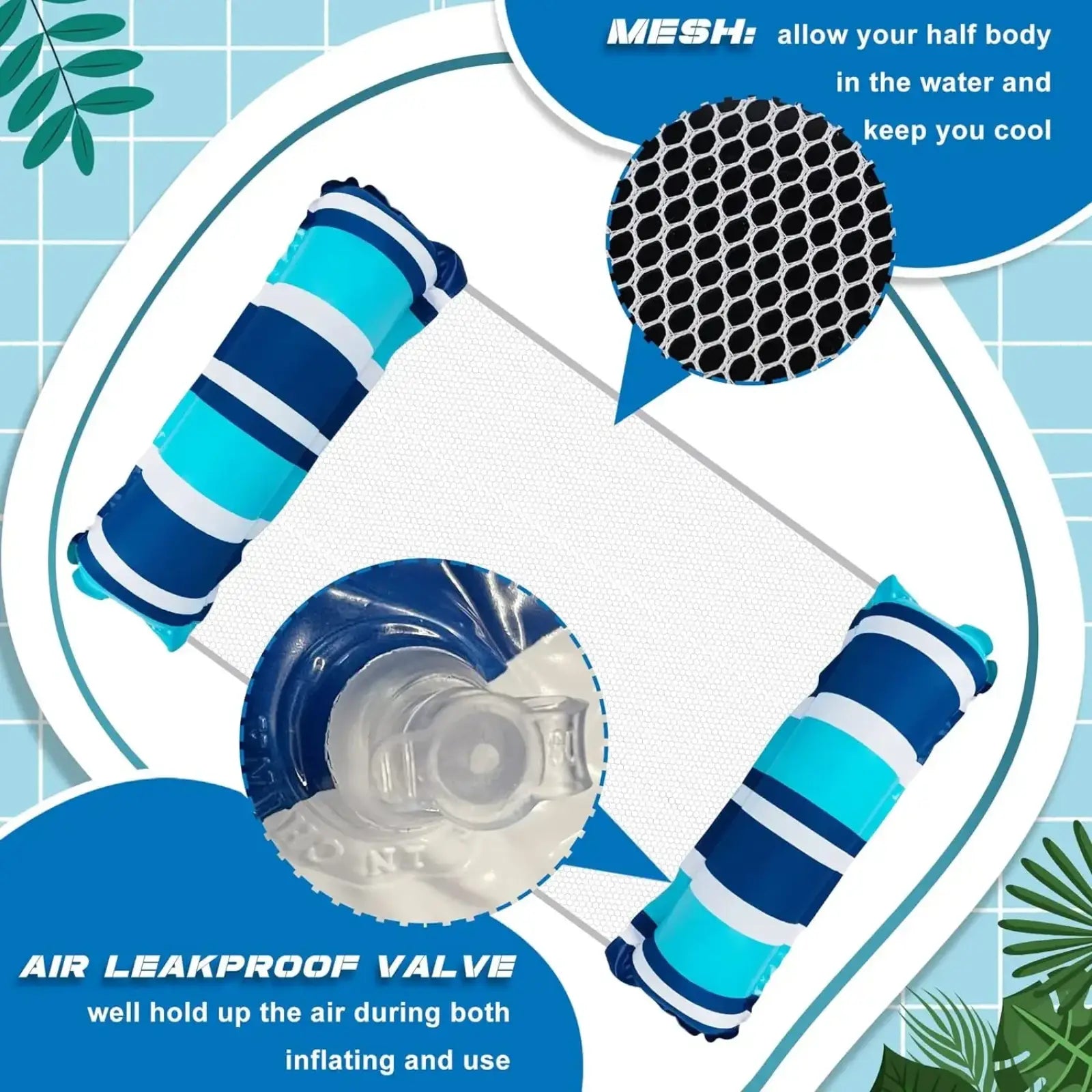 Inflatable pool float mesh water hammock featuring blue and white stripes with ventilated mesh design for cooling use