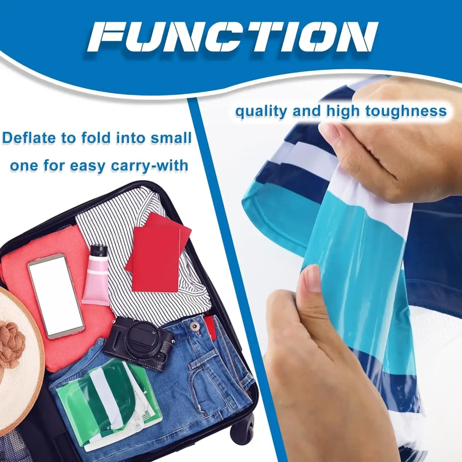 Blue and white striped inflatable travel bag for inflatable pool float mesh water hammock for water relaxation
