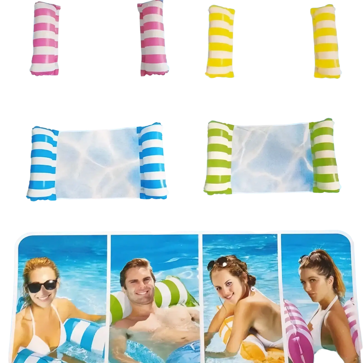 Inflatable pool float mesh water hammock with colorful pink, yellow, blue, and green striped patterns for water use