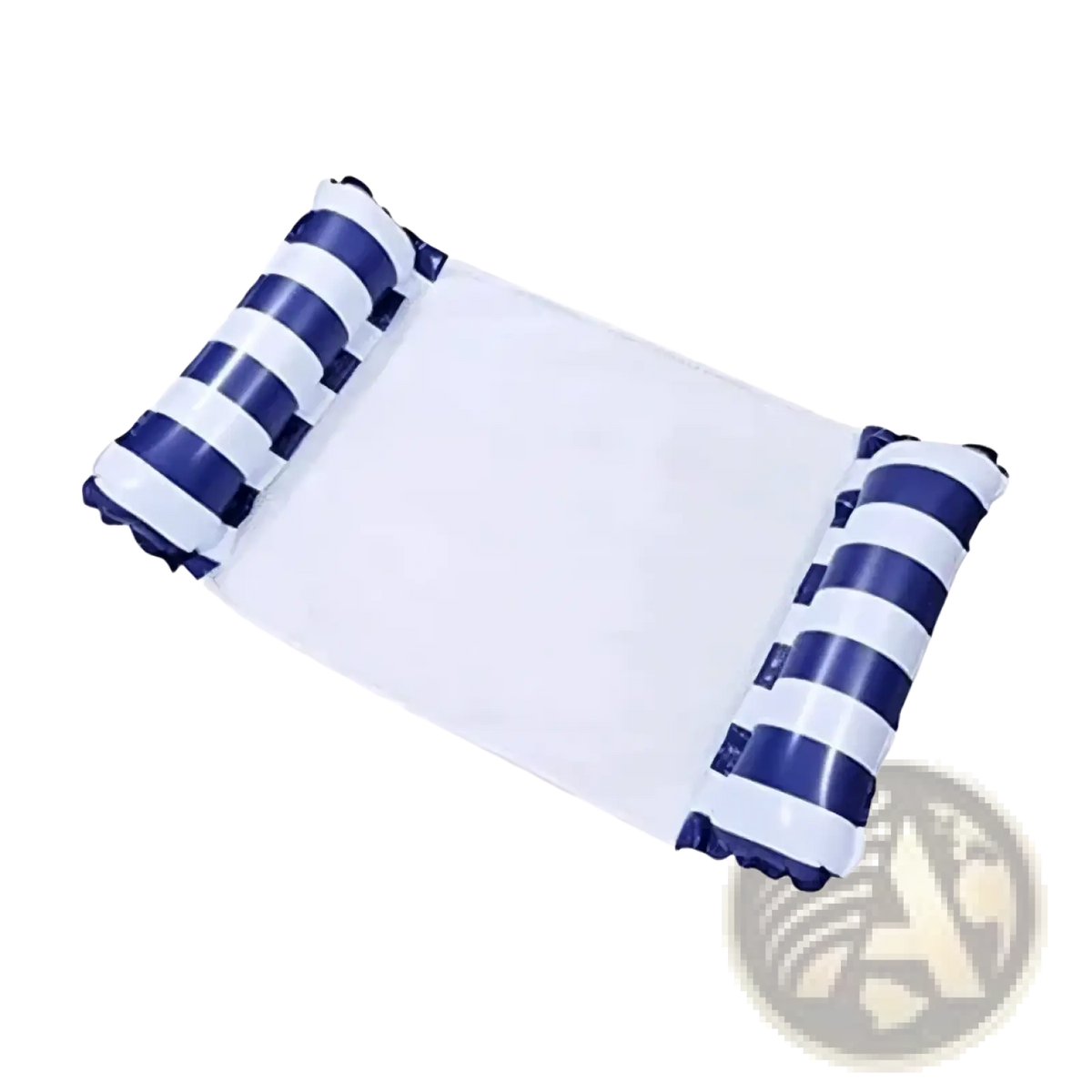 Inflatable pool float mesh water hammock with navy blue and white striped inflatable side pillows for relaxation